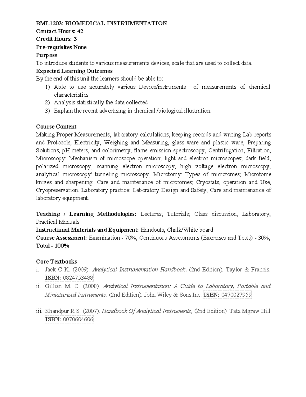 BML1203: Outline of Biomedical Instrumentation Course - Studocu