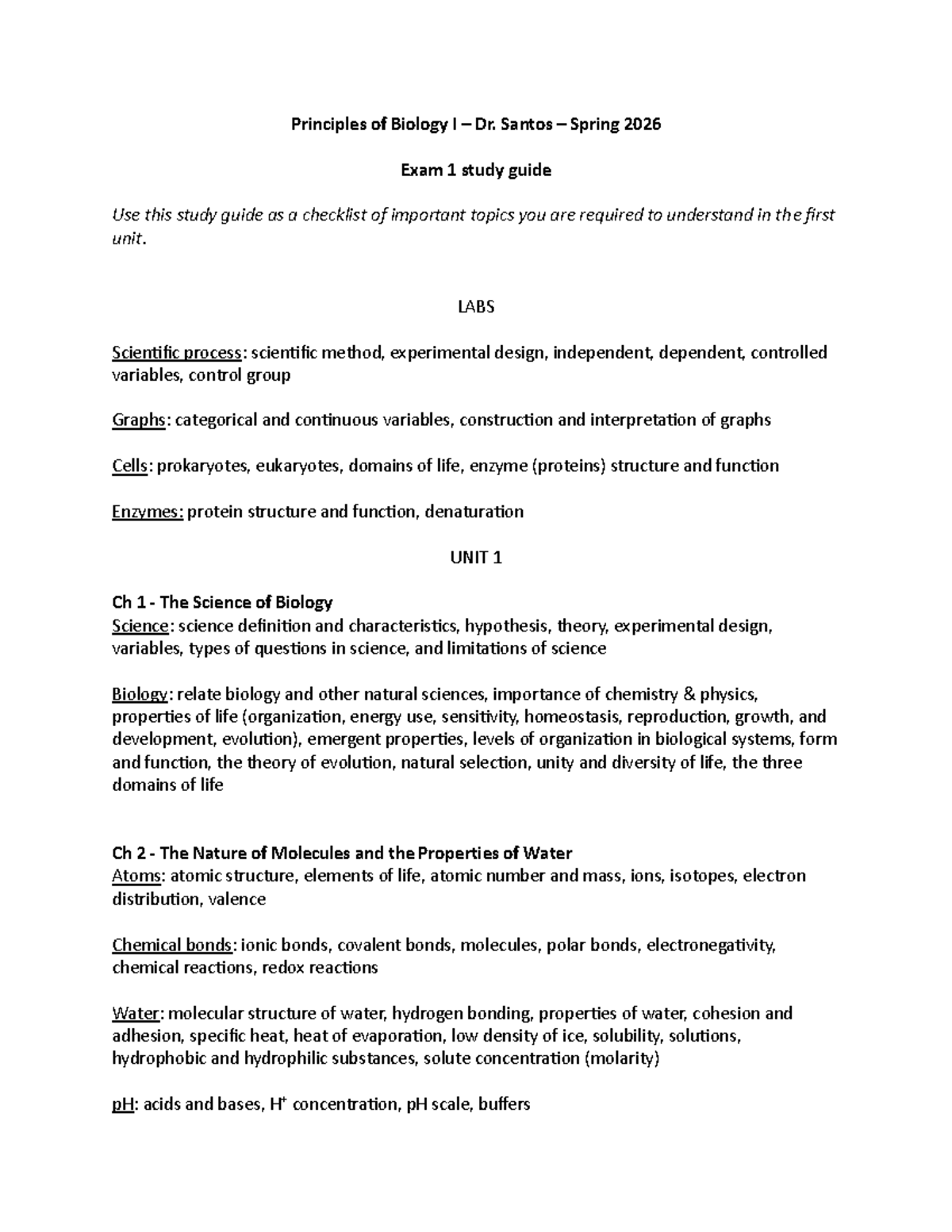 Principles of Biology I - Exam 1 Study Guide - Spring 2026 - Studocu