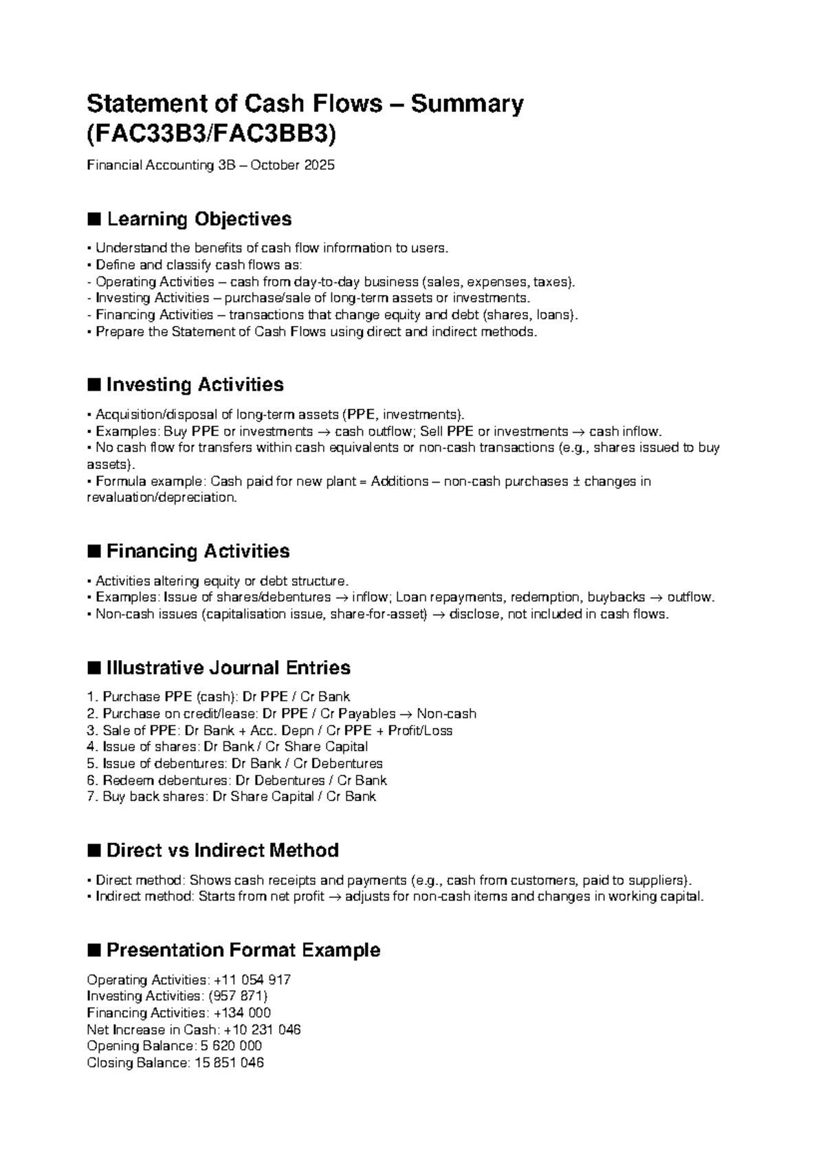 Statement of Cash Flows Summary FA 3B - October 2025 - Studocu