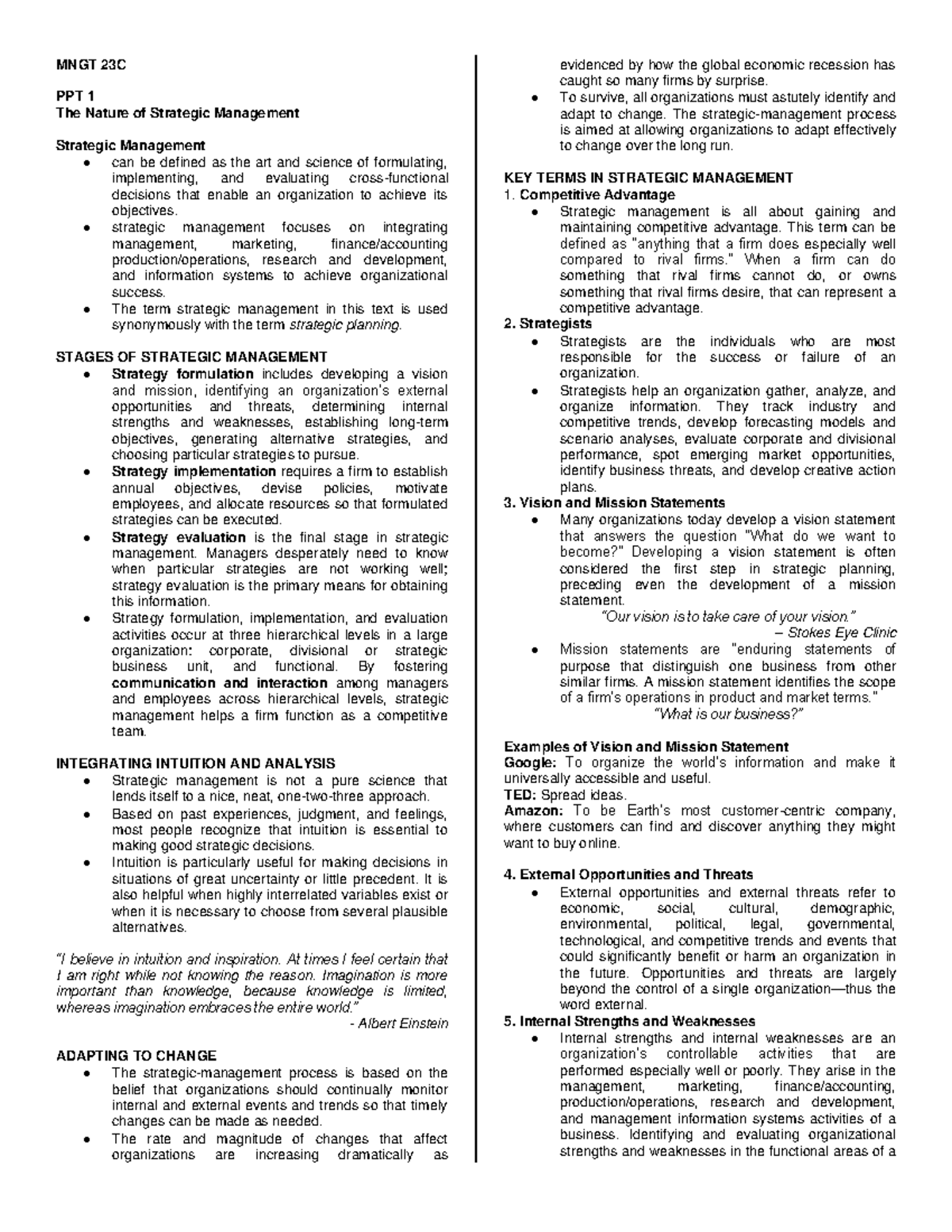 MNGT Lecture Notes - MNGT 23C PPT 1 The Nature of Strategic Management ...
