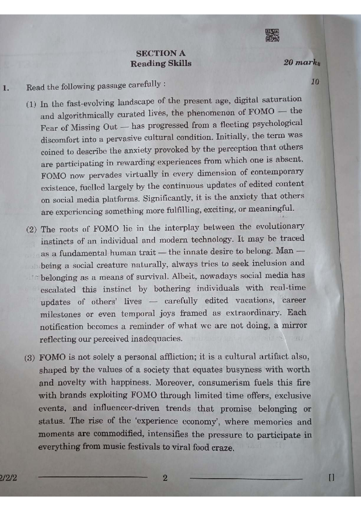 SECTION A Reading Skills: Understanding FOMO and Its Cultural Impact ...
