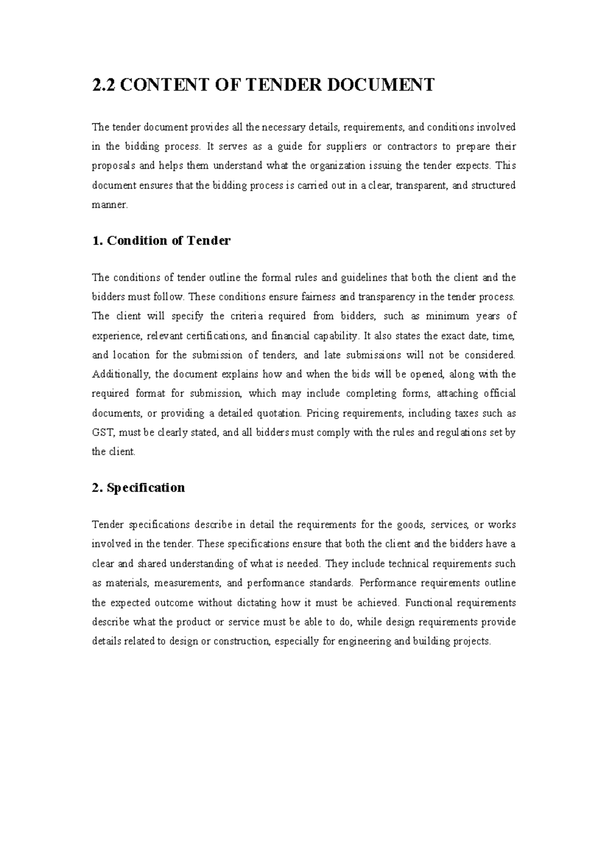 Tender Document Specifications and Conditions - Qs - dbt - Studocu