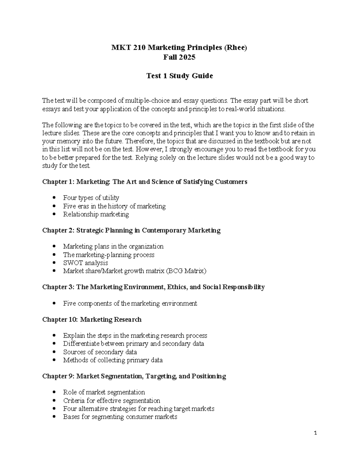 MKT 210 Fall 2025 Test 1 Study Guide: Key Marketing Principles - Studocu