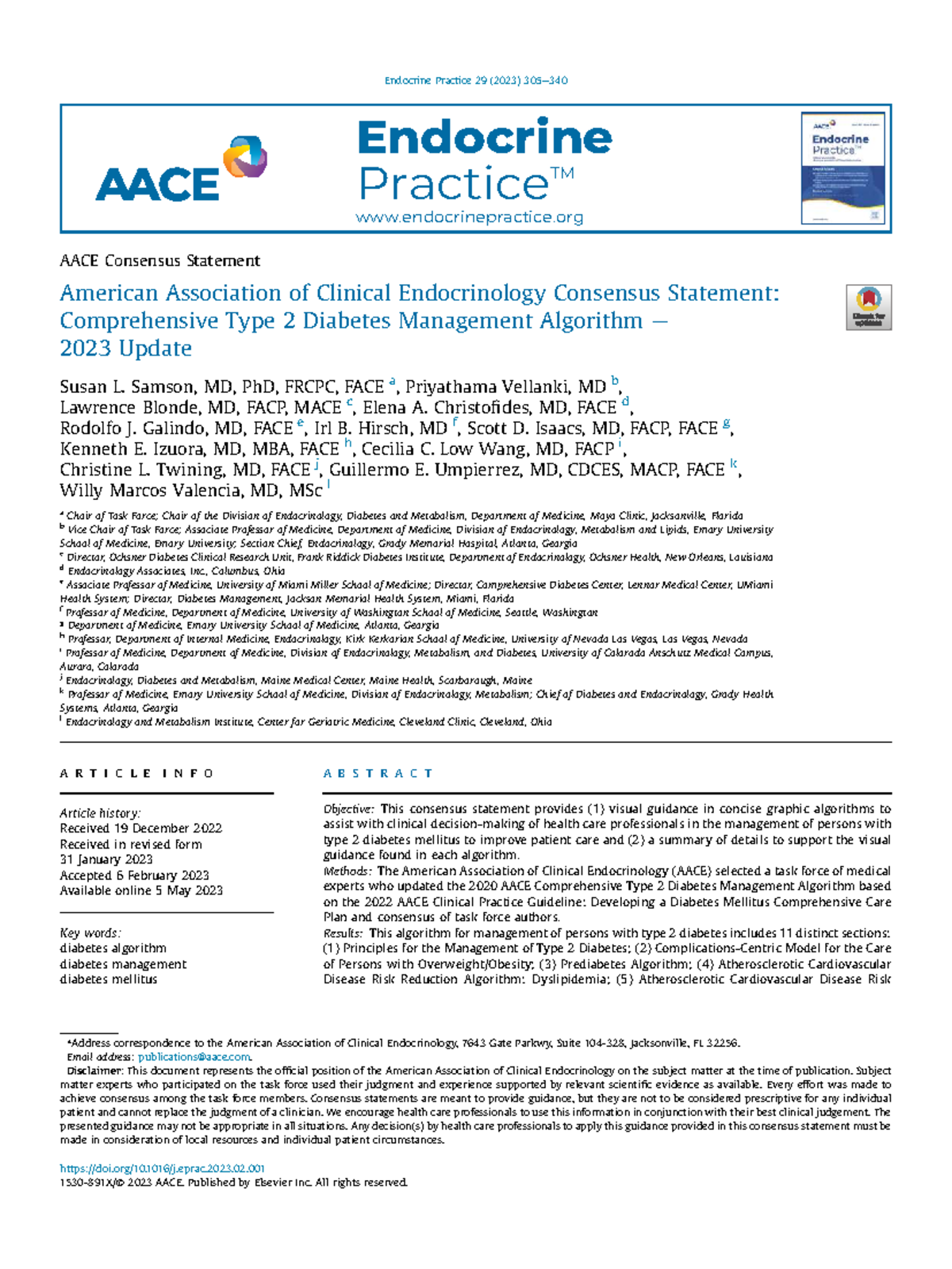 2023 AACE Consensus Statement: Type 2 Diabetes Management Algorithm ...