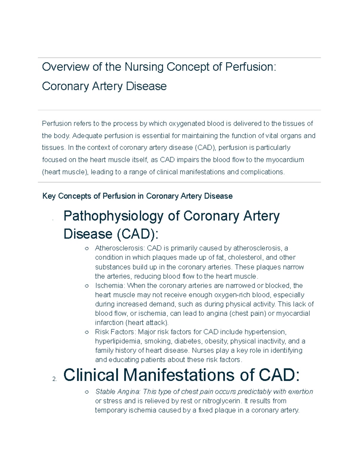 NUR 305: Overview of Perfusion in Coronary Artery Disease & CHF - Studocu