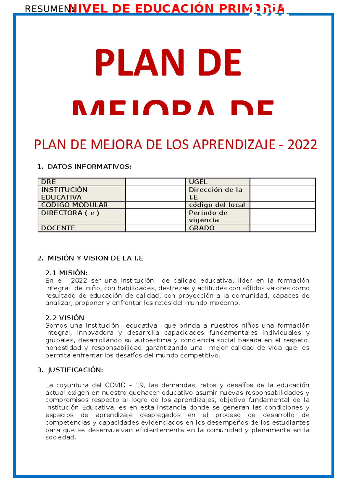 Plan de Mejora - Primer Grado de Educación Primaria 2022 - Studocu