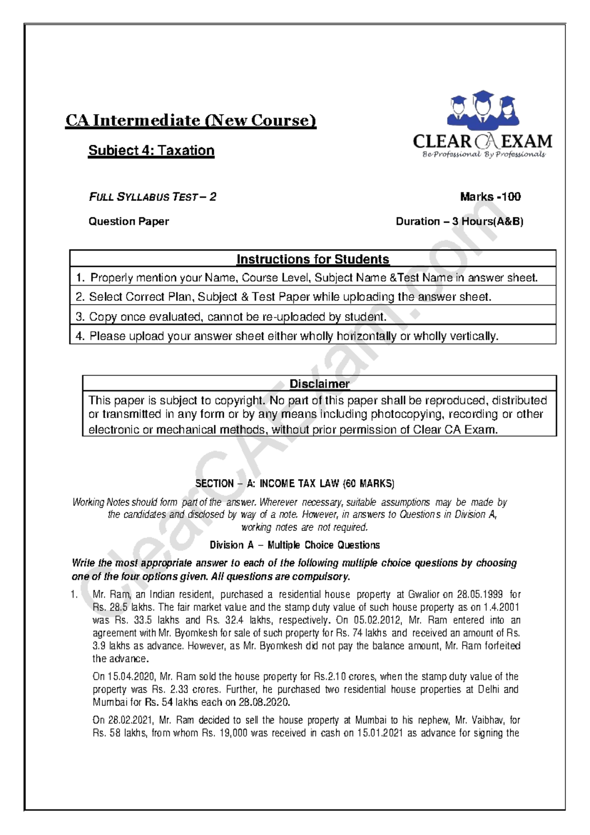 CA Intermediate Taxation Full Syllabus Test-2 Question Paper - Studocu