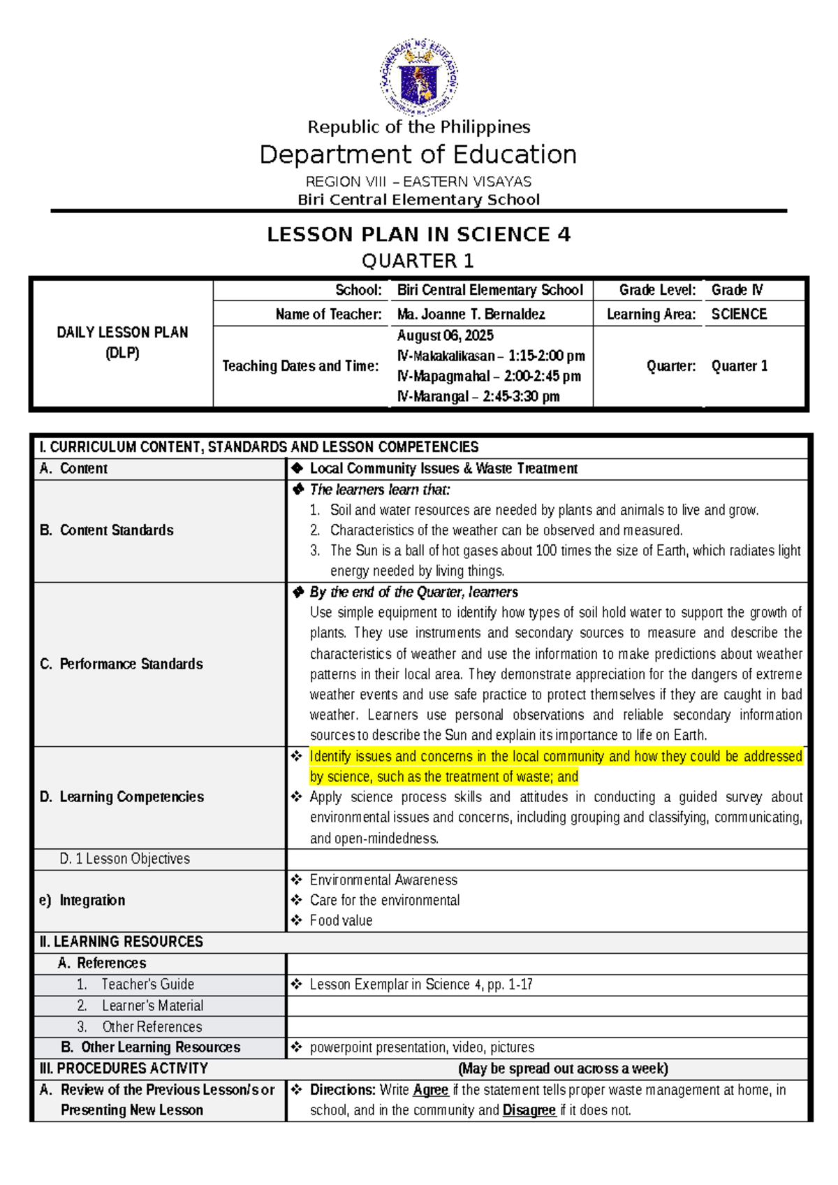 Lesson Plan in Science 4: Waste Management & Environmental Awareness ...