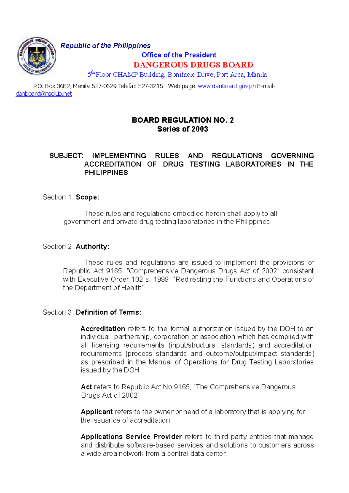 Bd. Reg. No. 2: Implementing Rules for Drug Testing Lab Accreditation ...