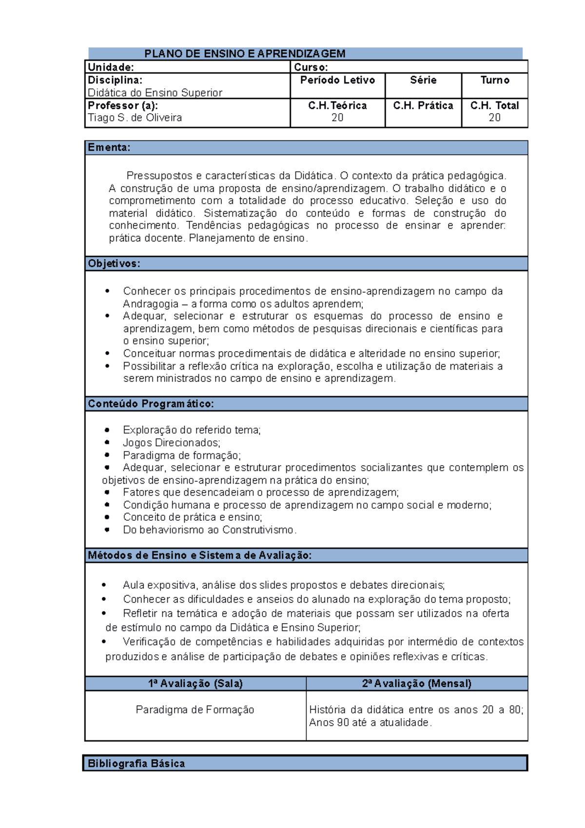 Plano de Ensino - Didática - PLANO DE ENSINO E APRENDIZAGEM Unidade ...