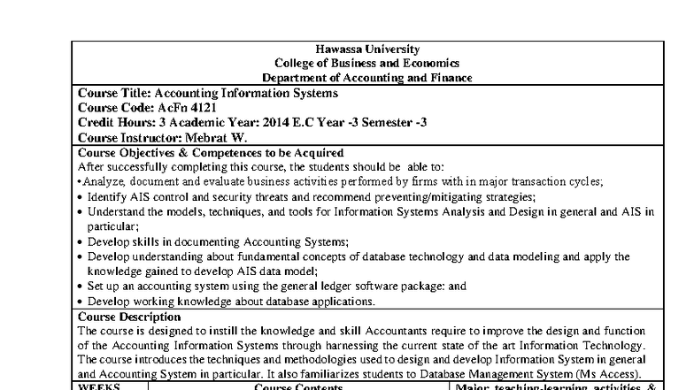 AcFn 4121: Accounting Information Systems Course Outline - Studocu