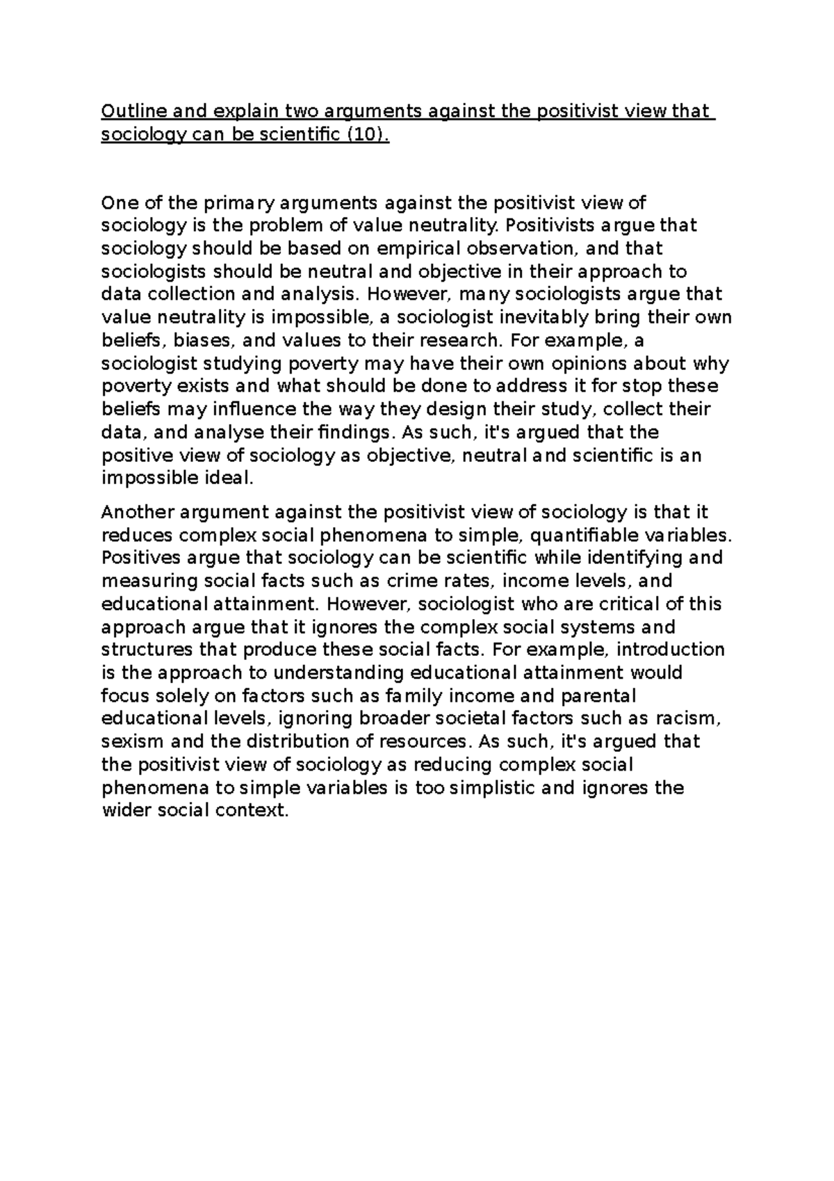 Arguments Against the Positivist View of Sociology (Essay Notes) - Studocu