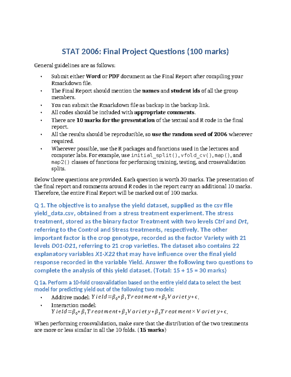 STAT 2006: Final Project Guidelines & Questions (100 Marks) - Studocu