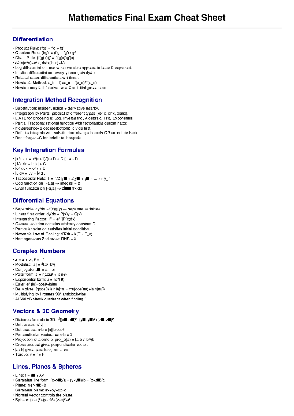 Mathematics 101 Final Exam Cheat Sheet: Differentiation & Integration ...