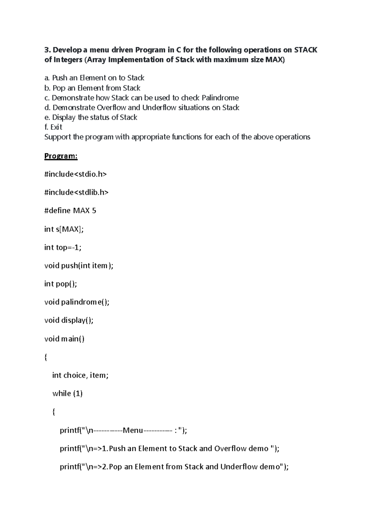 DSLab Prog3: Menu-Driven Stack Operations in C (MAX Size 5) - Studocu