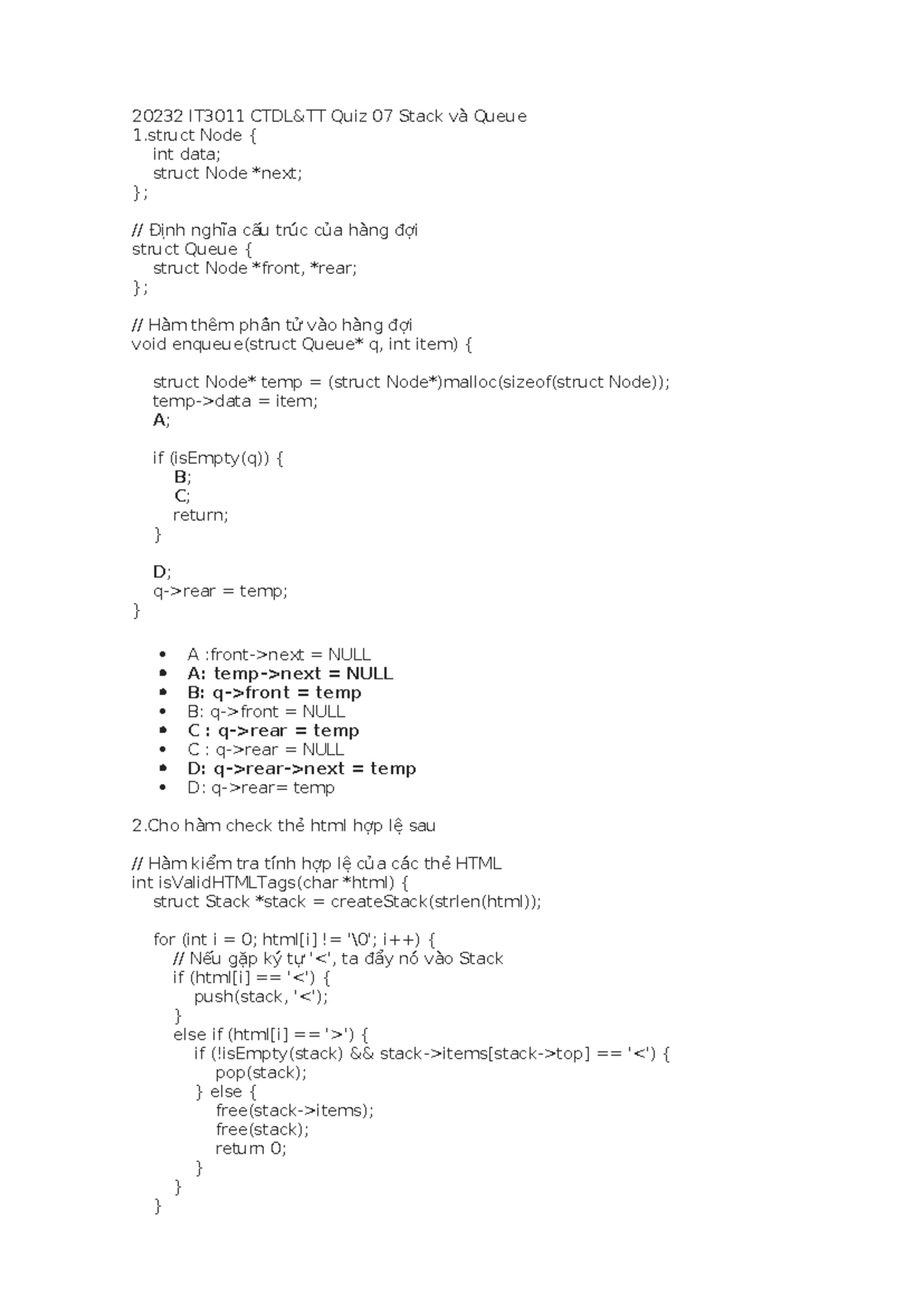 20232 IT3011 CTDL&TT Quiz 07: Stack và Queue Concepts - Studocu