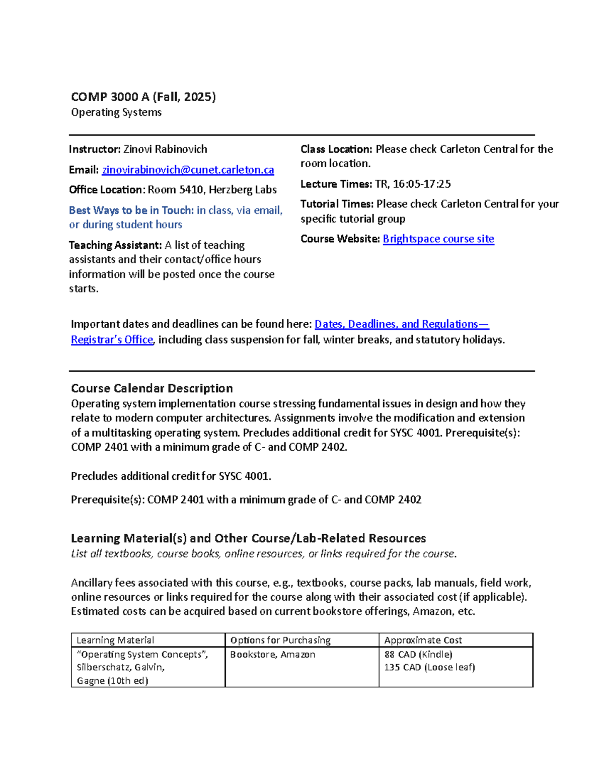 COMP-3000-A-F-2025 - Operating Systems Course Outline - Studocu