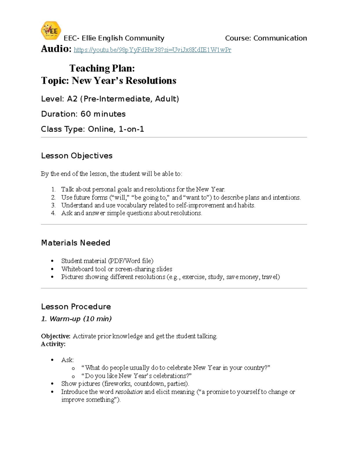 Ellie English Community Course: A2 Online Lesson Plan on New ...