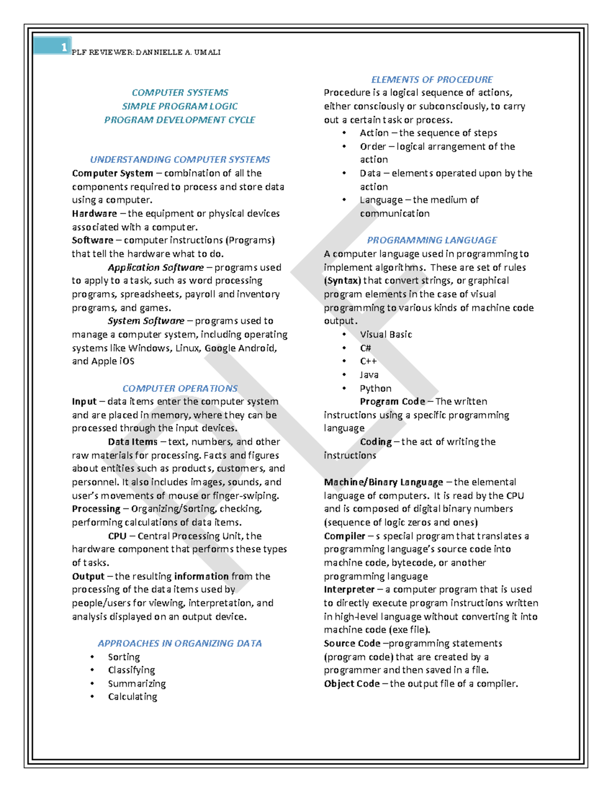 PLF- Midtermreviewer - PLF Midterm Exam Reviewer - COMPUTER SYSTEMS ...