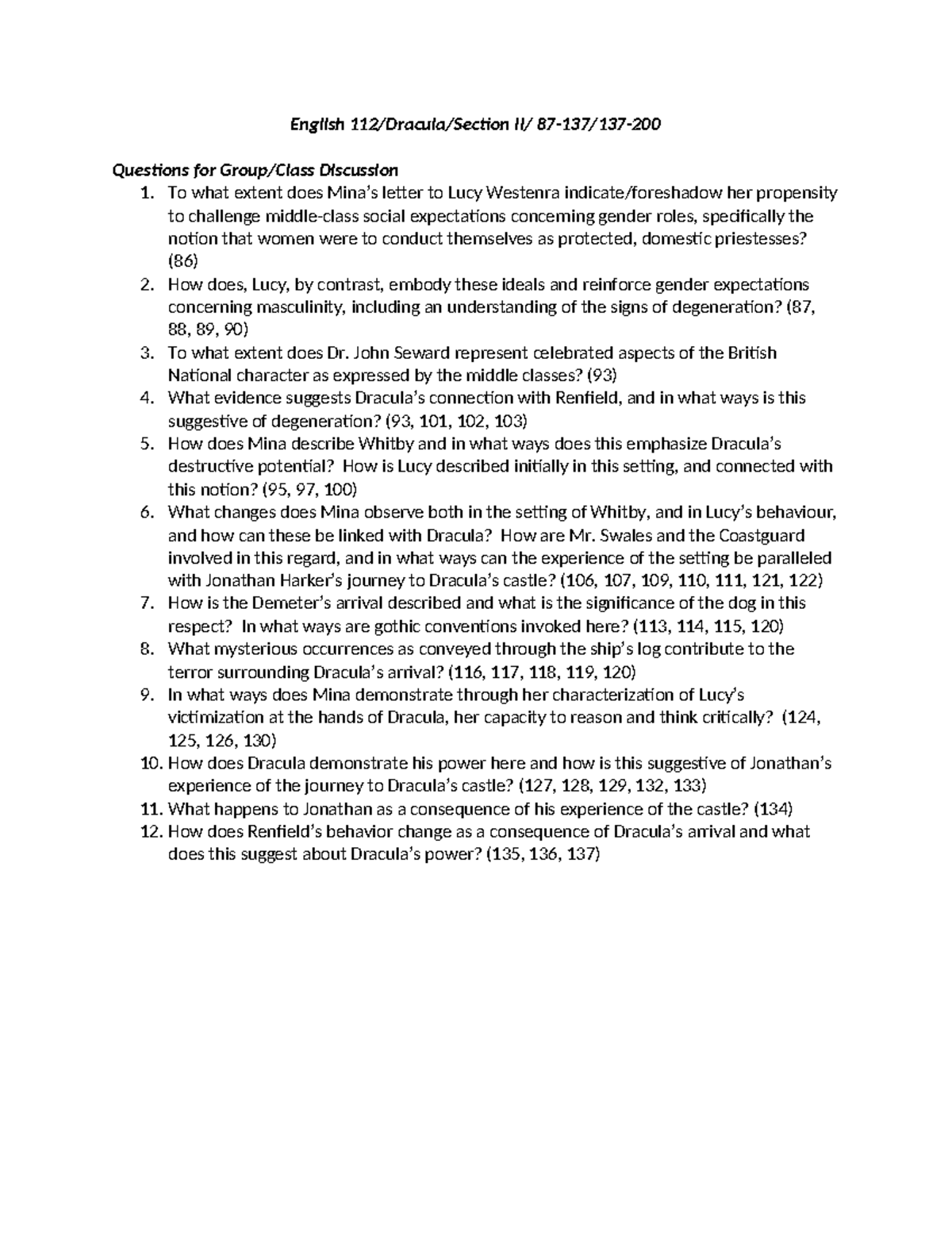 English 112: Discussion Questions on Dracula - Section II - Studocu