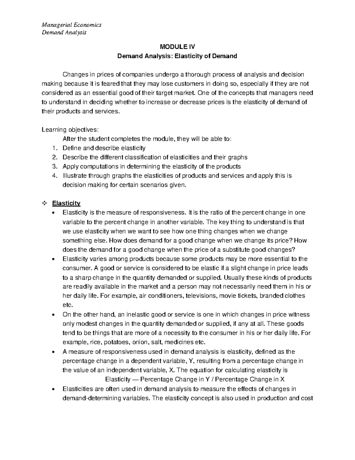 Managerial Economics Demand Analysis: Module IV - Elasticity Insights ...
