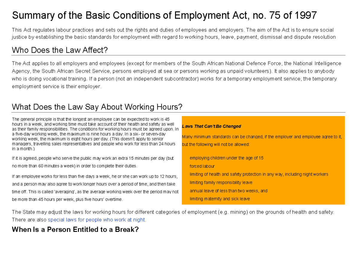 MRL3702: Summary of the Basic Conditions of Employment Act, 1997 - Studocu