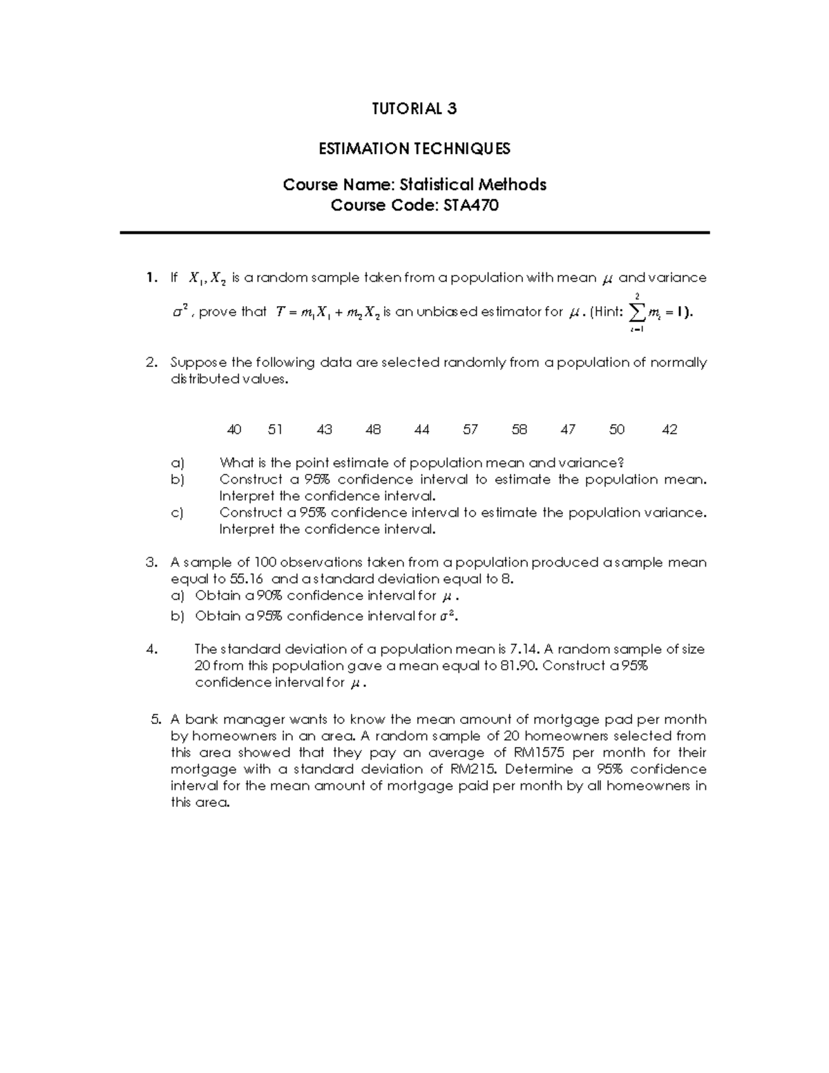 TUT3: Confidence Intervals in Statistical Methods (STA470) - Studocu