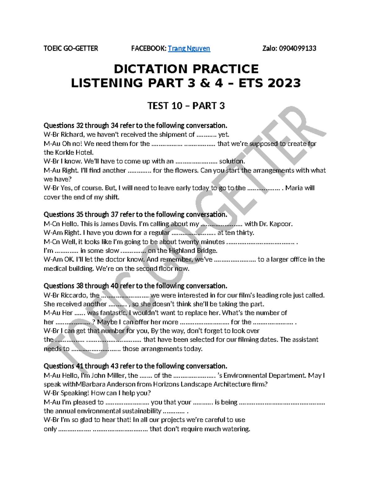ETS 23 TOEIC Listening Practice: Test 10 Parts 3 & 4 - Studocu