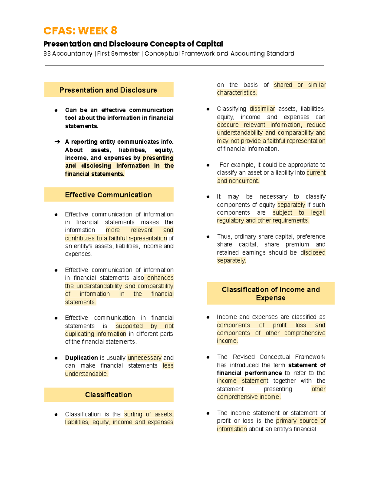 CFAS - Week 8: Presentation & Disclosure Concepts of Capital - Studocu