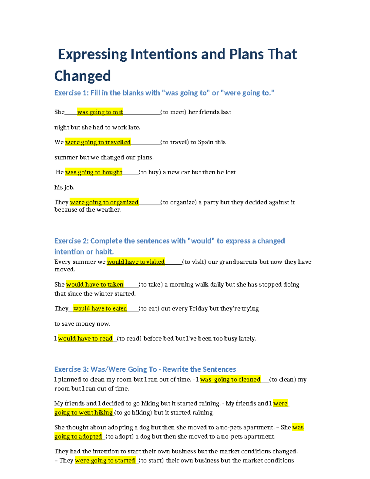 Grammar Exercise: Changed Plans and Intentions Overview (ESL) - Studocu