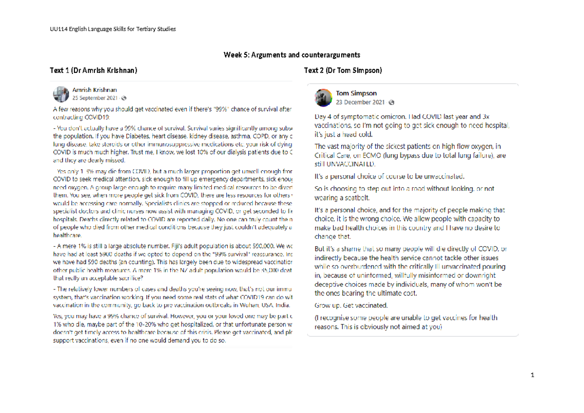 Week 5 Class 1 Handout - Arguments and Counterarguments in UU114 - Studocu