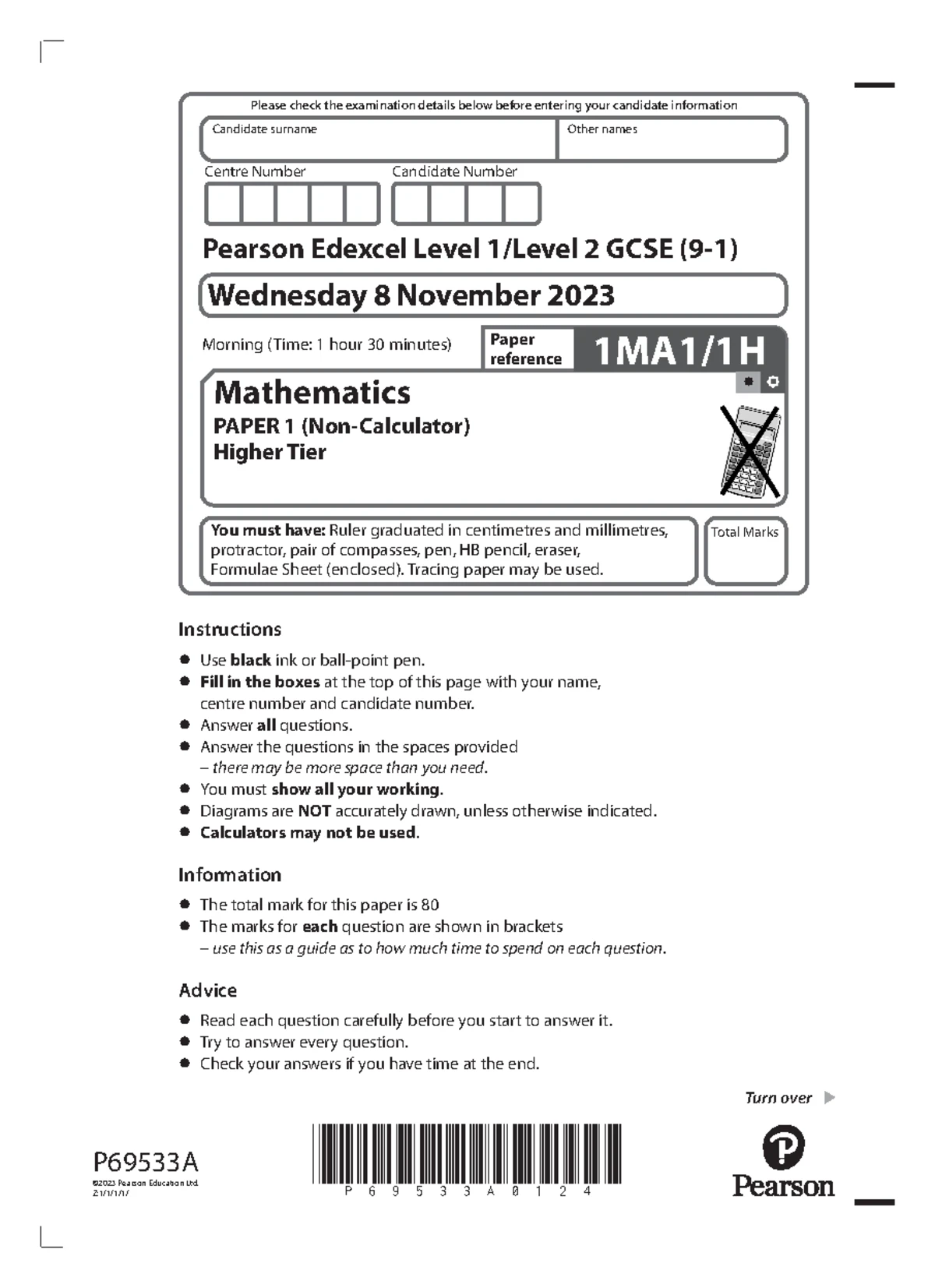 Pearson Edexcel GCSE Maths 2023 Higher Tier Exam Formula Sheet - Studocu