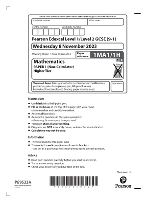 MOCK SET 8 - Paper 2H - Edexcel GCSE Maths (Higher Tier) - Studocu