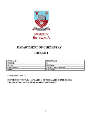 Che 334 exp 2 - lab experiment - DEPARTMENT OF CHEMISTRY CHE 334 ...