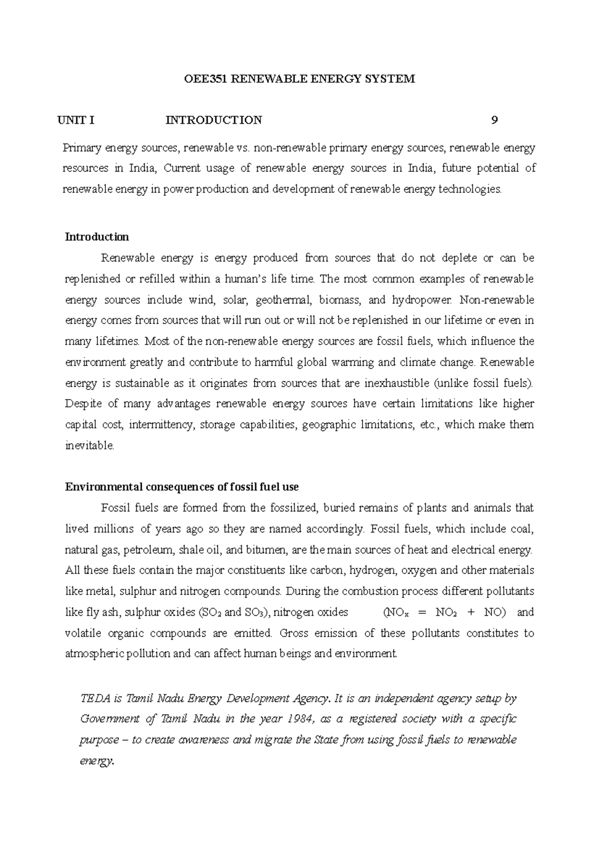 OEE351 Unit I - Overview of Renewable Energy Systems in India - Studocu