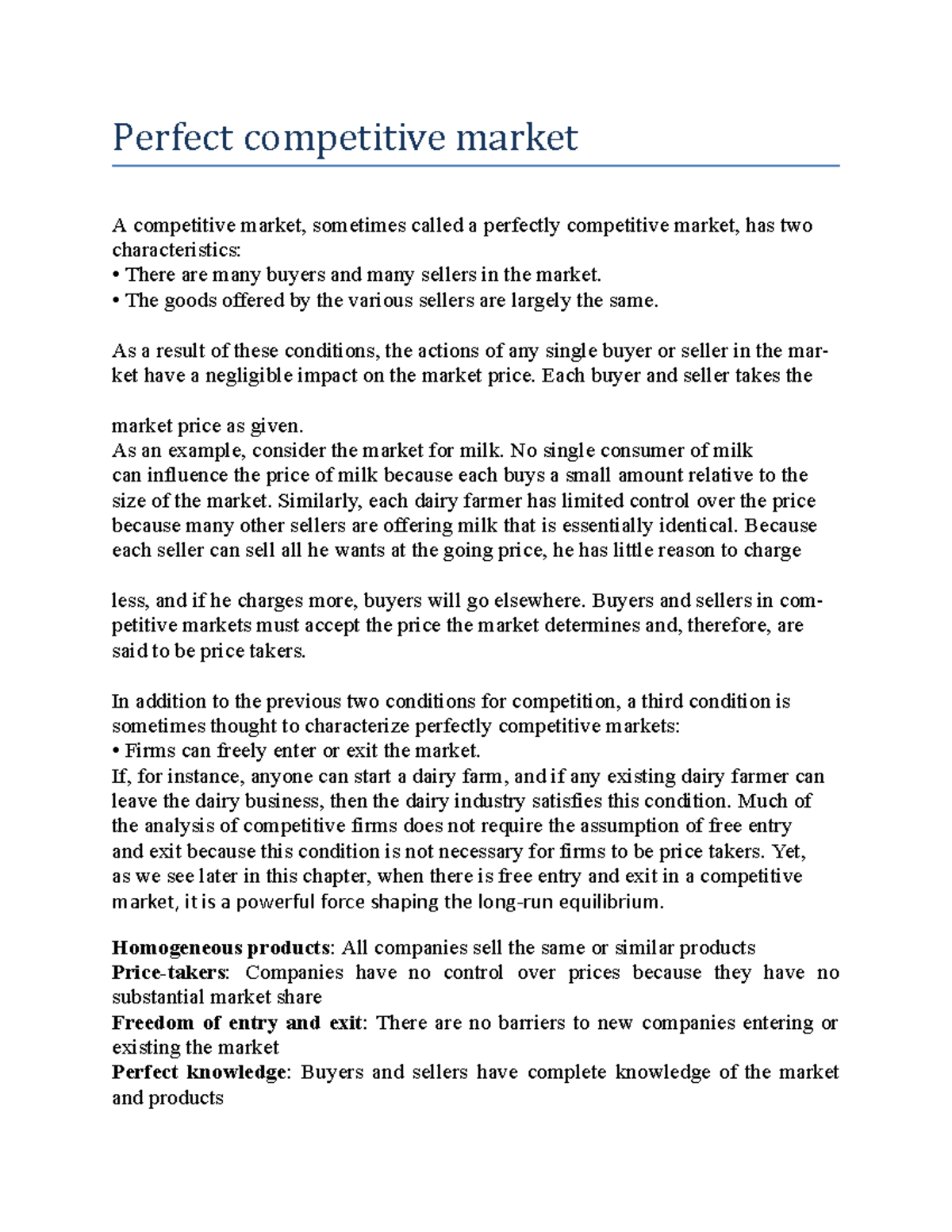Perfect Competitive Market: Key Concepts and Profit Maximization - Studocu