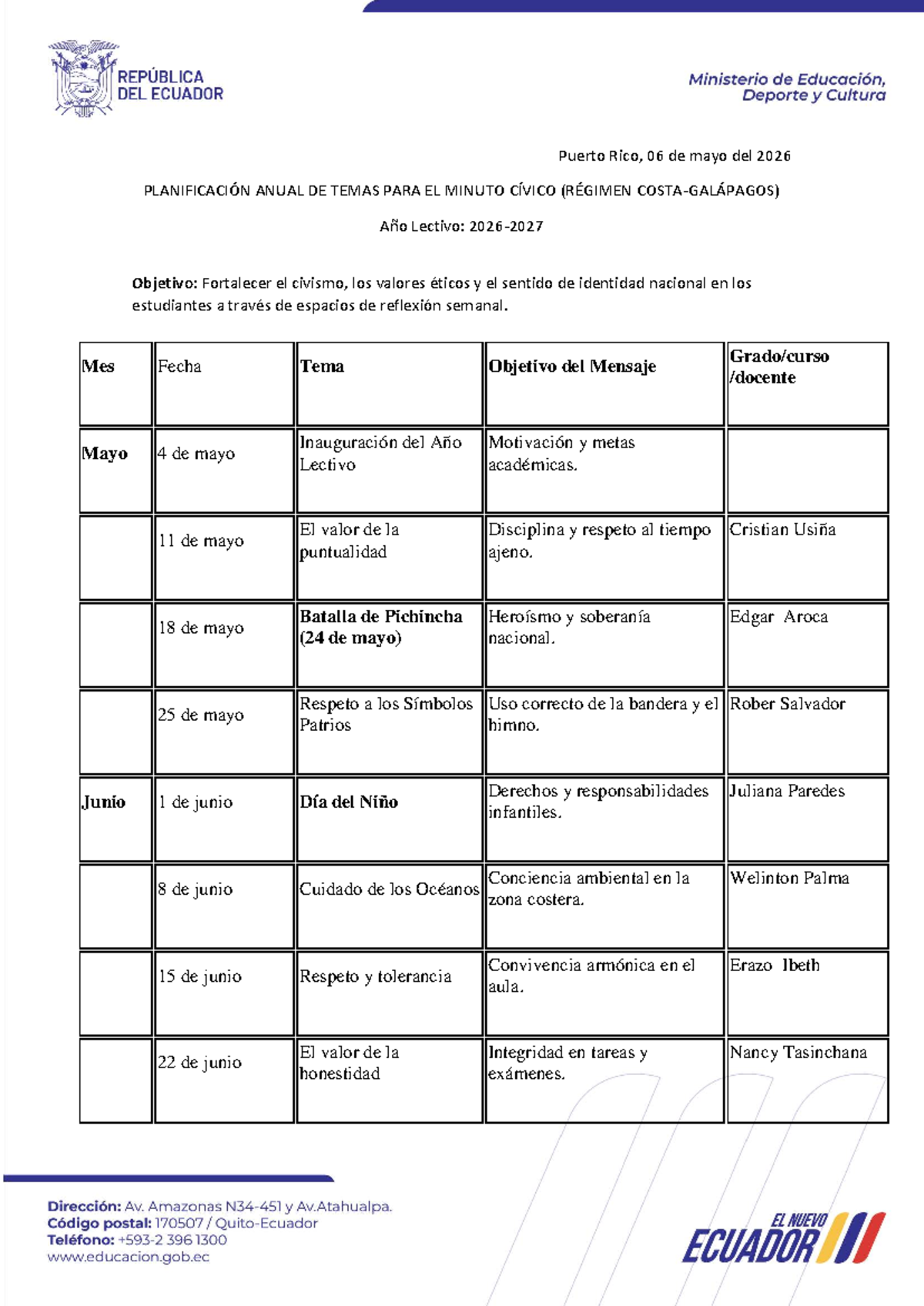 Planificación Anual de Temas para el Minuto Cívico 2026 - Document Preview