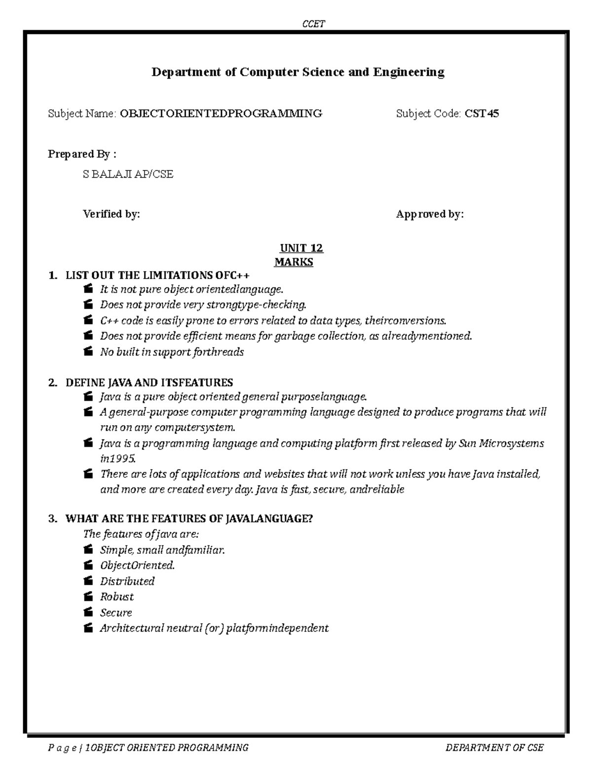 UNIT 1 (2 Marks) - Object oriented analysis and design - CCET P a g e ...