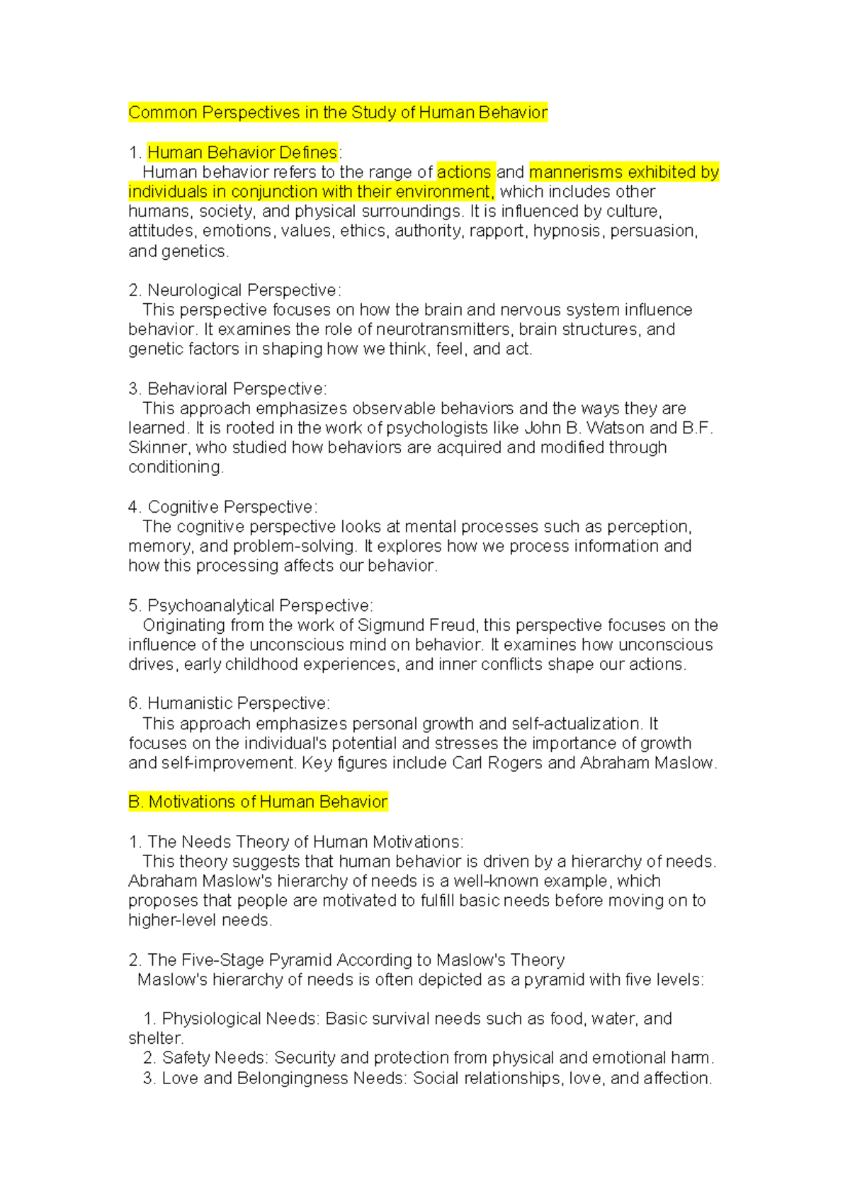 Common Perspectives in Human Behavior: A Comprehensive Overview - Studocu