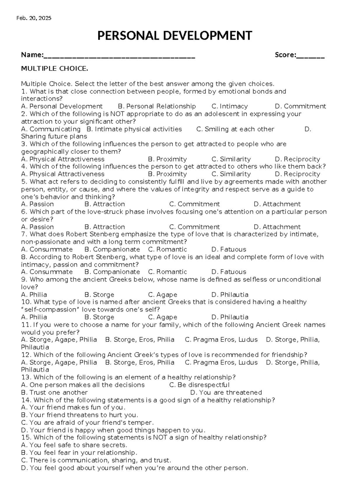 Activity Sheet 2-20-25 - PERSONAL DEVELOPMENT Name