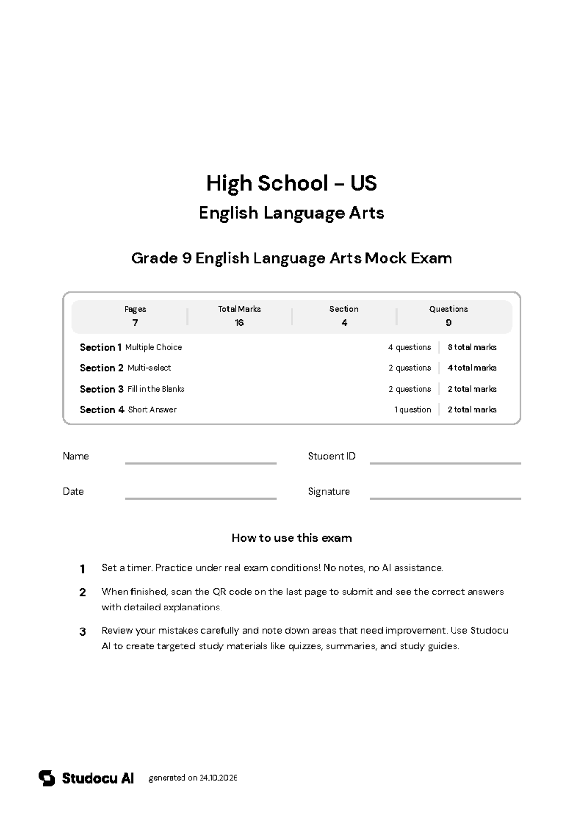 Grade 9 English Language Arts Mock Exam - Studocu
