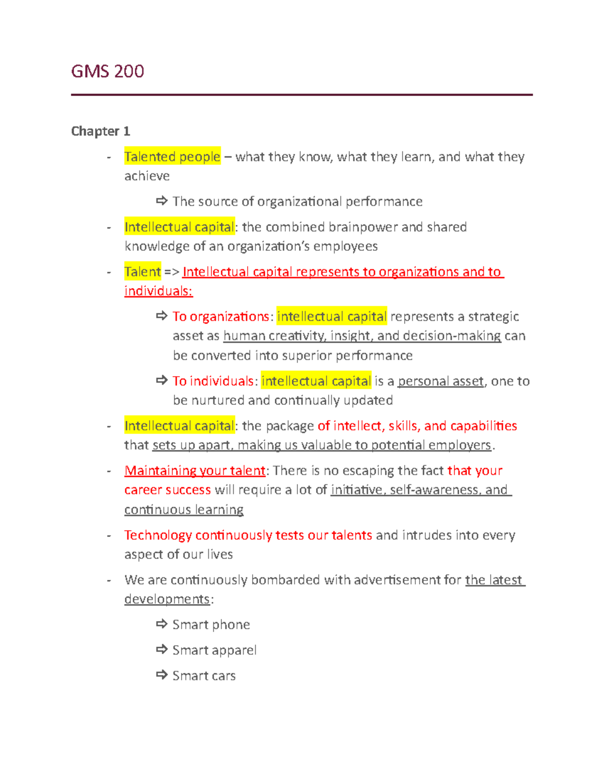 GMS 200 midterm notes - GMS 200 Chapter 1 Talented people – what they ...