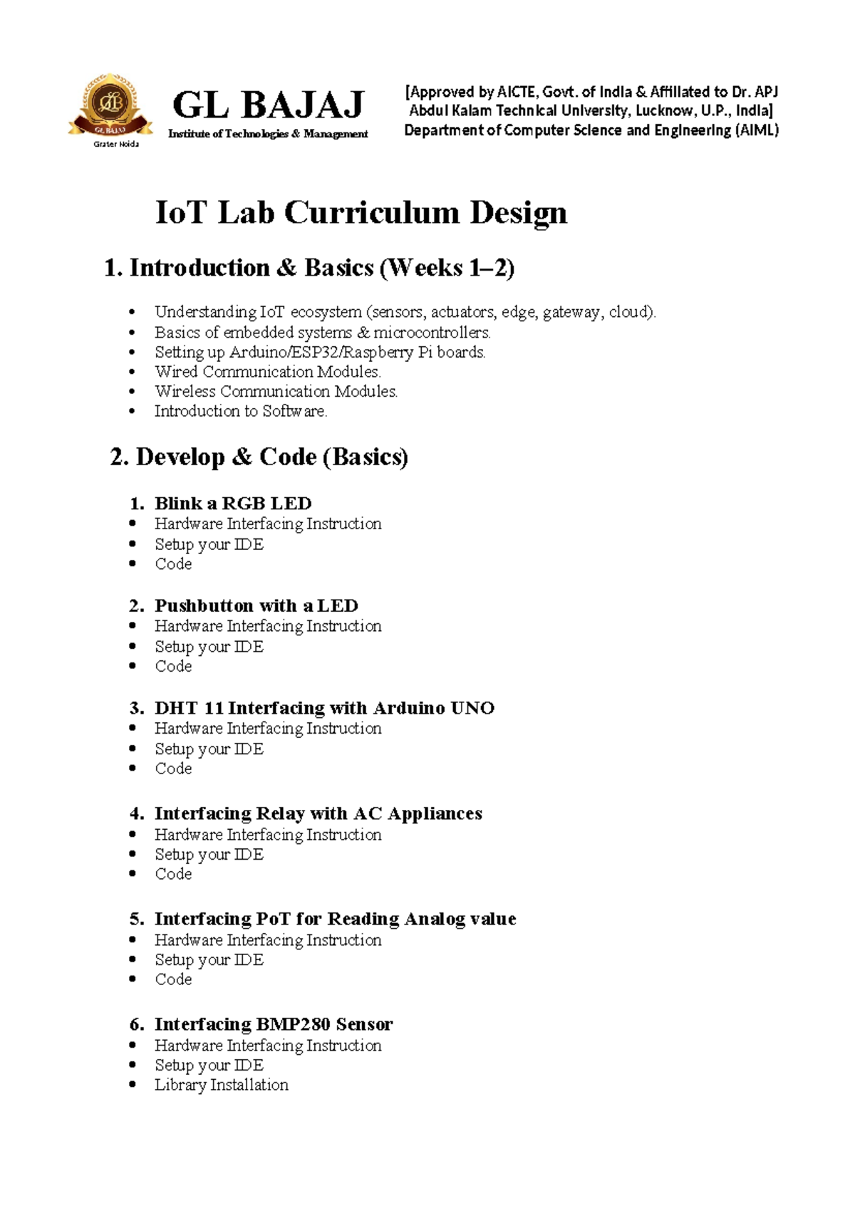 IoT Lab Curriculum Design - CSE AIML Program - Studocu