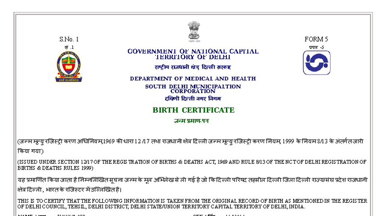 FORM 5: BIRTH CERTIFICATE - VAISHNAVI (NCT DELHI) - Studocu