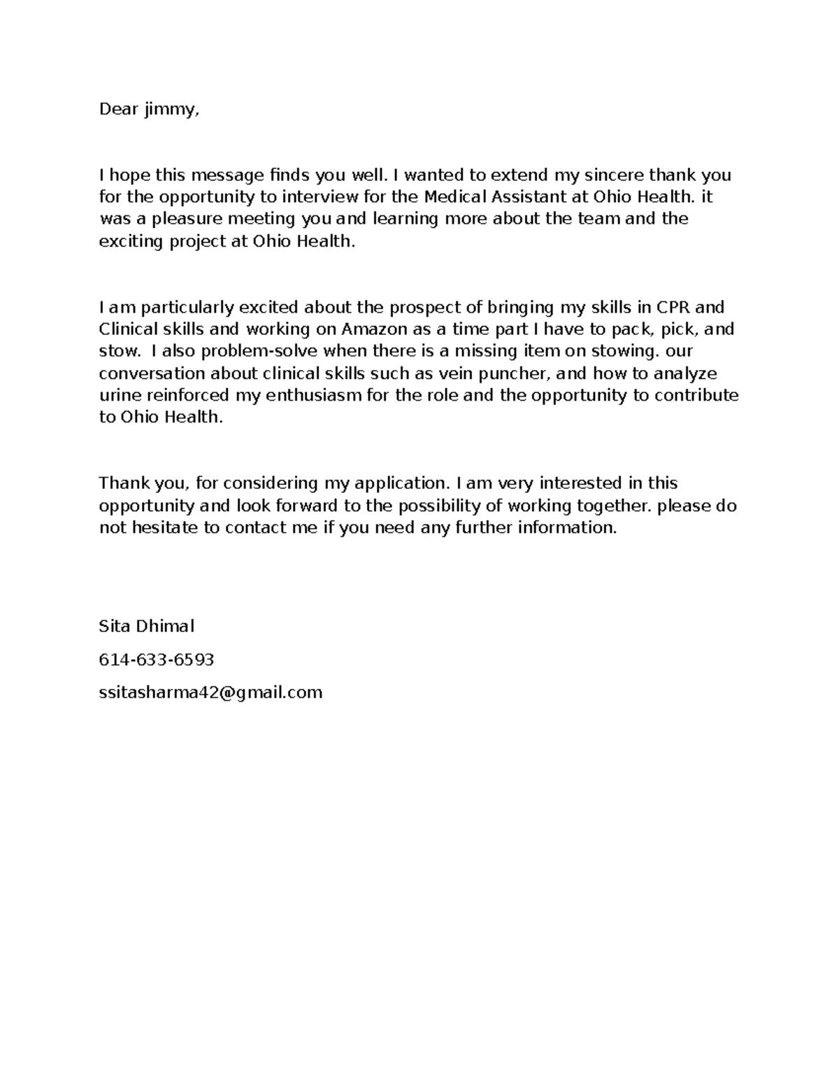 Interview Thank You Note - Medical Assistant Position at Ohio Health -  Studocu, image size:1200x1553