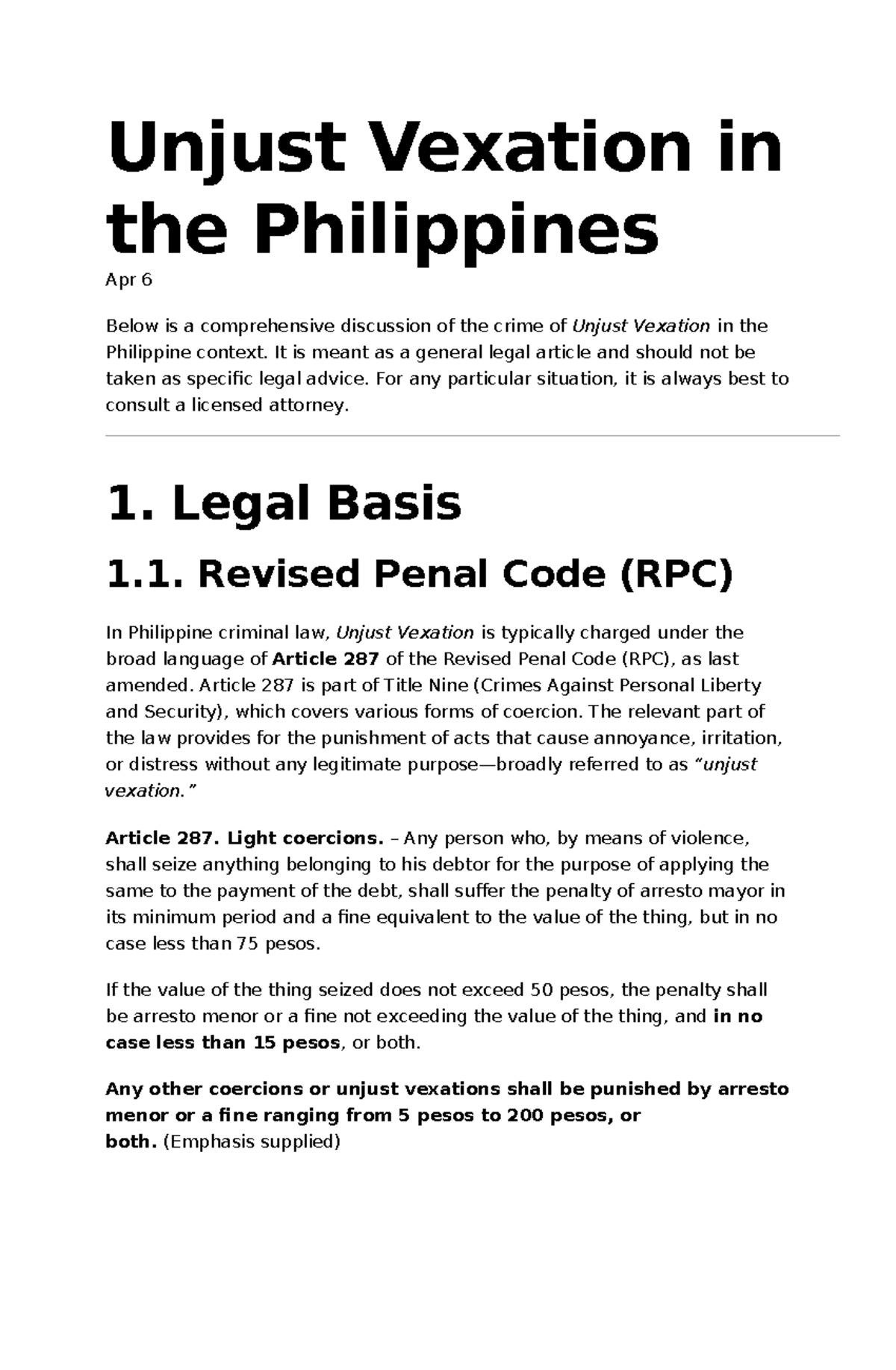 Legal Insights on Unjust Vexation in the Philippines - Studocu