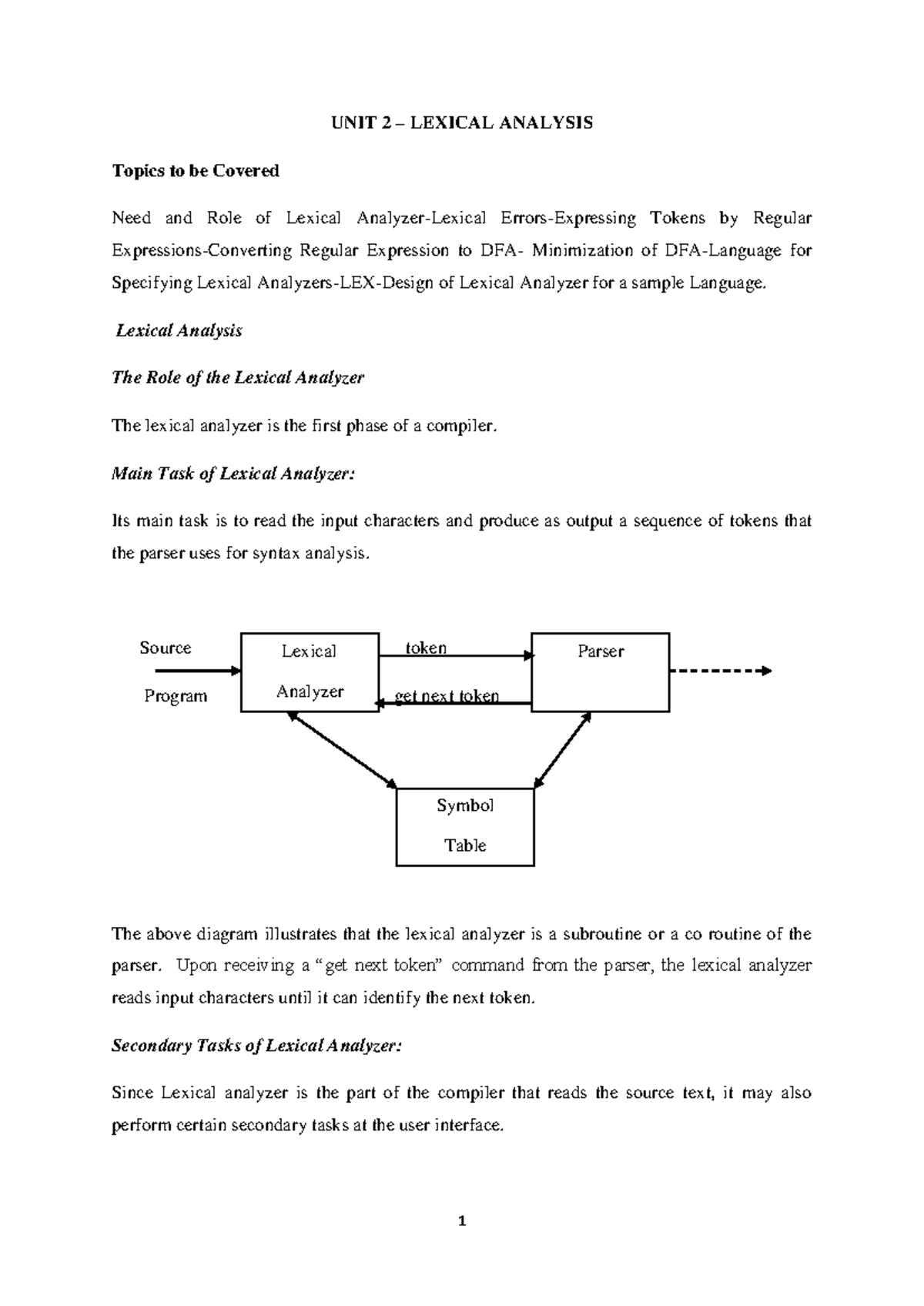 UNIT 2 - LEXICAL ANALYSIS: Role, Tasks, and Techniques - Studocu