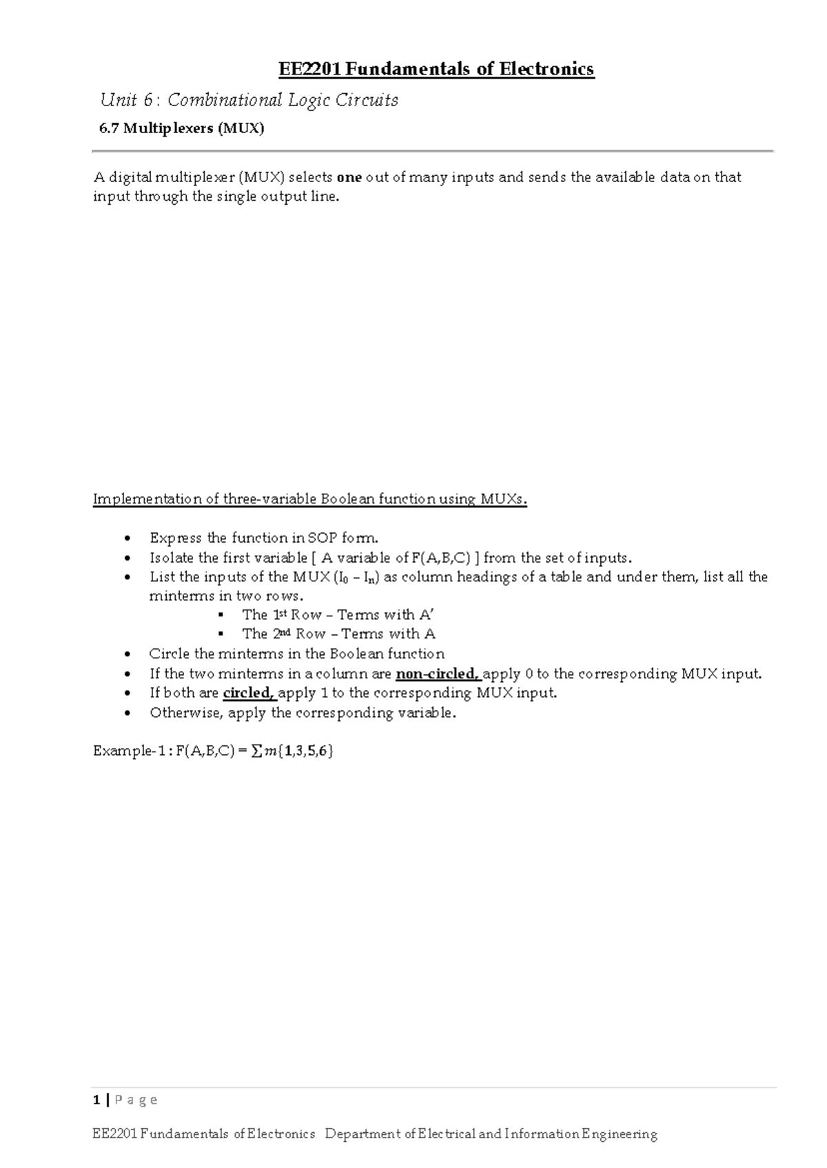 EE2201 Final Exam: Unit 6 - Combinational Logic Circuits & MUXs - Studocu