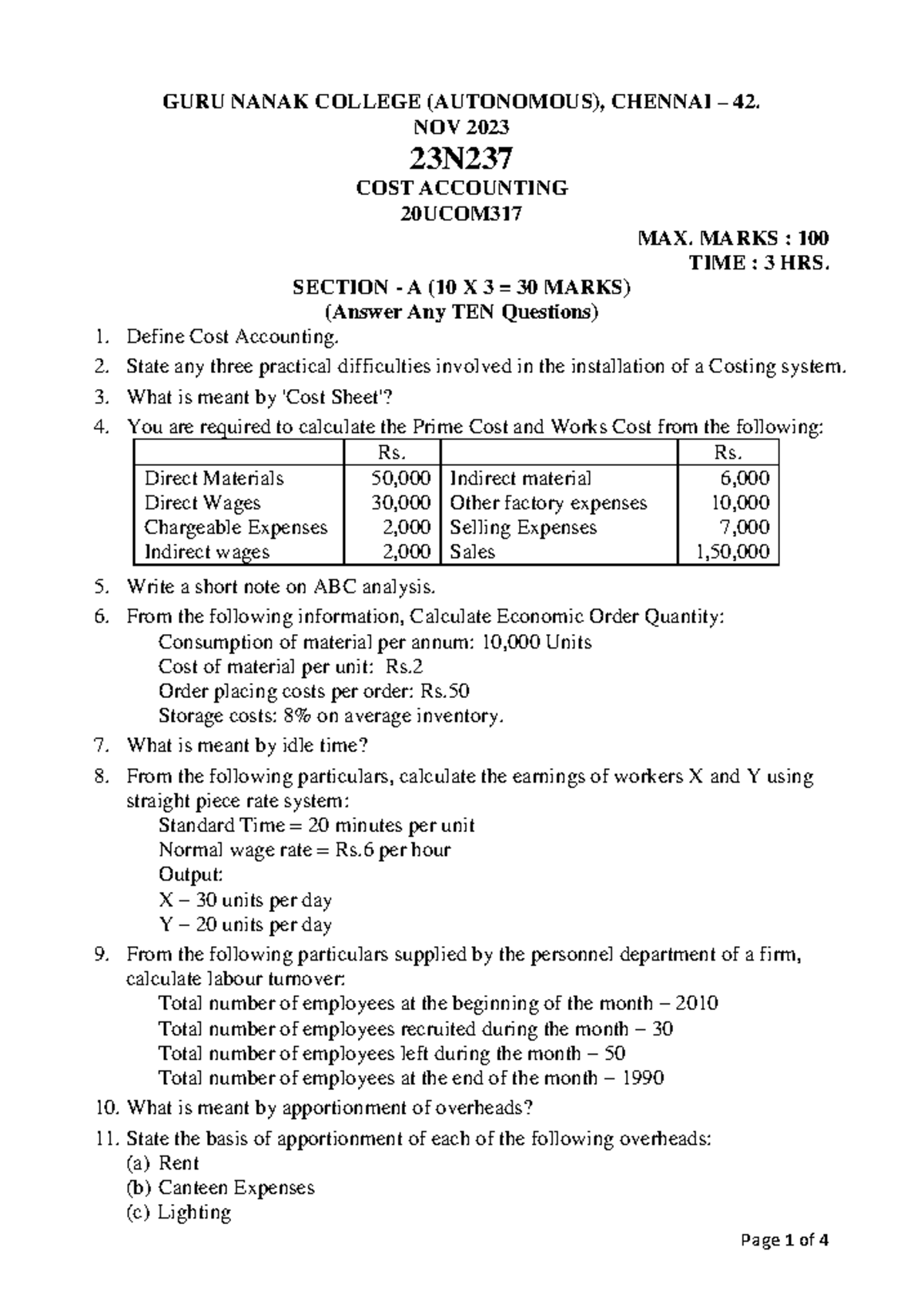 COST ACCOUNTING 20UCOM317 - Nov 2023 Exam Questions & Solutions - Studocu