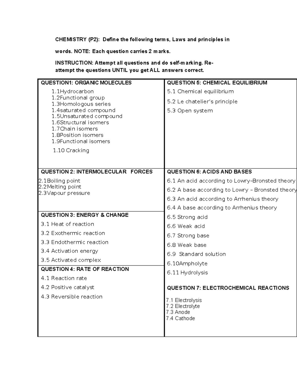 Chemistry P2 Definitions Test: Key Terms and Principles Review - Studocu